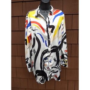 90s Milk & Honey long sleeve button down collared abstract face art print blouse